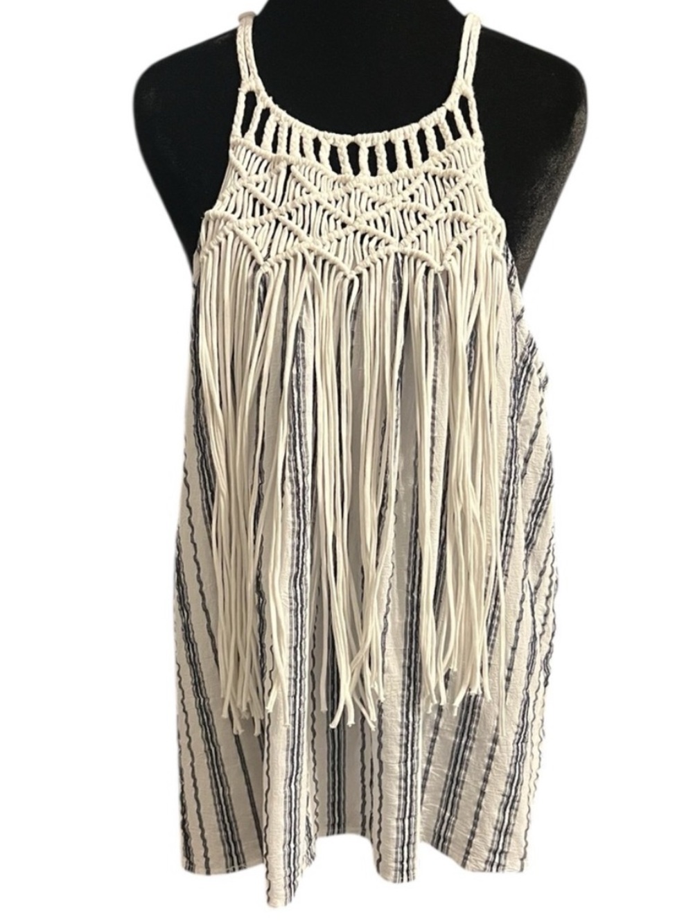 Knox Rose Tank Top 1X White Navy Striped Fringe